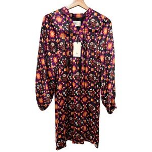 Printfresh Tunic Dress Women Sz XS Satin Colorful Boho Tassle Long Puff Sleeve